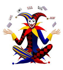 Sitting cross-legged Joker juggles with playing cards isolated on white. Three dimensional stylized drawing. Vector illustration - obrazy, fototapety, plakaty