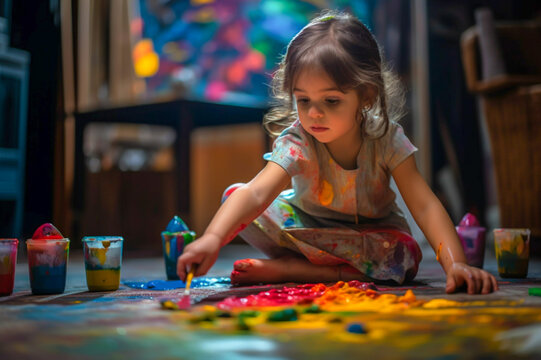 a Little girl playing with colors at home, generative ai