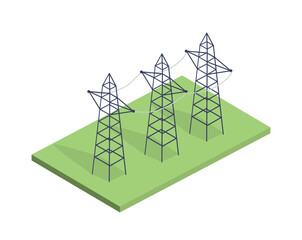 Overhead power line concept. Transmission of electricity and energy from power plants to city. Modern technologies and innovations. Template, layout and mock up. Cartoon isometric vector illustration