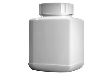 White jar. Plastic cream container. Layout of cosmetic packaging with glossy lid for whey protein powder or premium sports supplement.