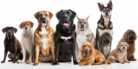 group of dog breeds isolated on white background, generative, ai - obrazy, fototapety, plakaty