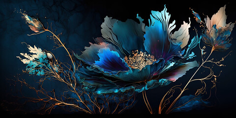 a wallpaper botanical flowers bioluminescence style, navy blue background