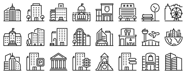 Line icons about the city on transparent background with editable stroke. - obrazy, fototapety, plakaty
