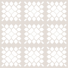 Fototapeta premium Vector geometric floral pattern. Retro vintage style abstract ornament texture with flower silhouettes, petals, leaves, grid. Elegant white and beige background. Subtle repeat decorative geo design