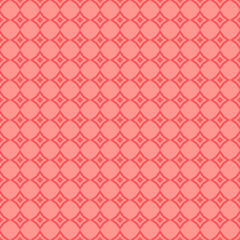 Vector ornamental geometric seamless pattern. Simple texture with small diamond shapes, floral silhouettes, grid, repeat tiles. Abstract geo ornament in retro vintage style. Coral color background