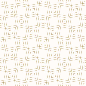 Golden vector geometric background with diamond shapes, linear rhombuses, grid, net, lattice. Abstract modern seamless pattern. Thin lines background. Subtle repeat minimal gold and white ornament