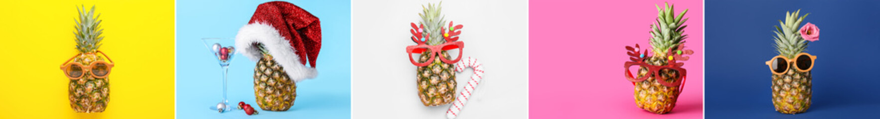 Collage of pineapples with Christmas decor and sunglasses on color background