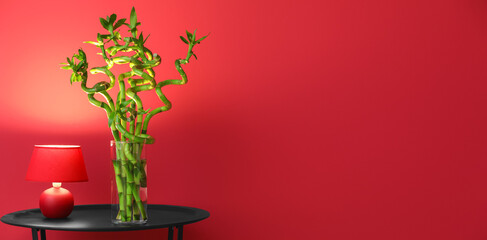 Vase with bamboo branches and glowing lamp on table near red wall. Banner for design