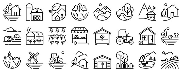 Line icons about the countryside on transparent background with editable stroke.