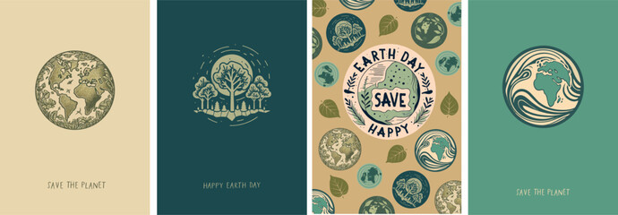 Fototapeta Happy earth day! Vector minimalistic illustrations of globe, world, map, ecology and environmental protection for logo, poster, greeting card or background obraz