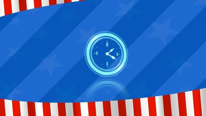 Animation of neon ticking clock over blue background with copy space against american flag design - Powered by Adobe