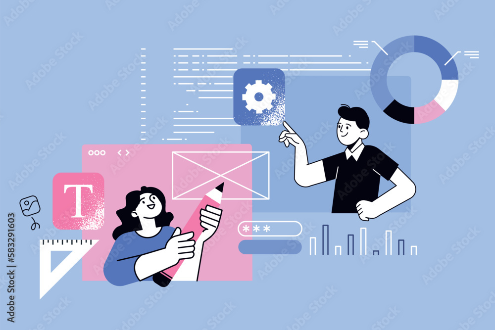 Aufkleber vector illustration of web programming, coding, seo, internet security. creative concept for web ban