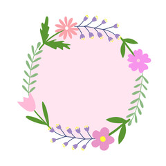Circle frame with flowers, vector greetings design on pink background, doodle style vector