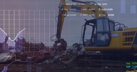 Animation of stock market data processing over hydraulic vehicle operating at junkyard - Powered by Adobe