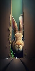 Curious easter bunny rabbit peeking around corner, concept of Animal behavior and Easter holiday, created with Generative AI technology