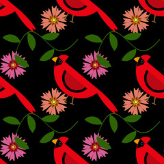 Pattern con uccellino cardinale rosso su sfondo nero - obrazy, fototapety, plakaty