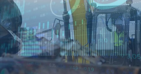 Animation of stock market data processing over hydraulic vehicle operating at junkyard - Powered by Adobe
