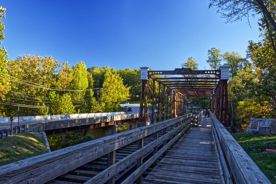 Traditional steel and wooden bridge over the river, Laurel, MD, USA