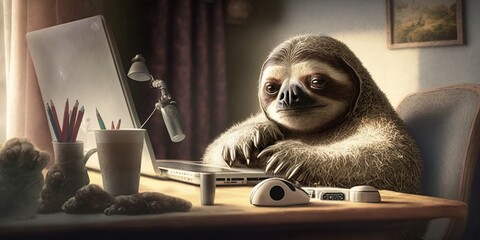 A sloth working from home and discovers the joys, concept of Remote working, created with Generative AI technology