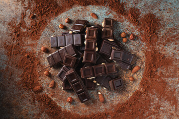 Dark and milk chocolate with nuts on a dark background sprinkled with cocoa powder.