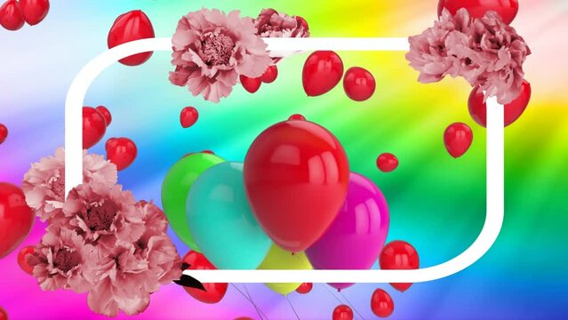 Animation of floral banner with copy space over balloons floating against rainbow background