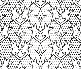 Line ornament with abstract geometric shapes in black and white colors on polka dot background. Vector flat seamless pattern - 583292837