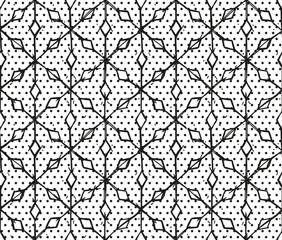 Line ornament with rhombus and geometric lattice in black and white colors on polka dot background. Vector flat seamless pattern - 583292894