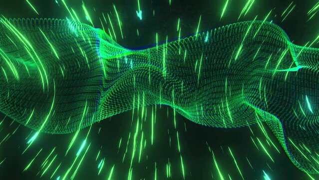 Animation of green glowing light trails spinning over digital wave against black background