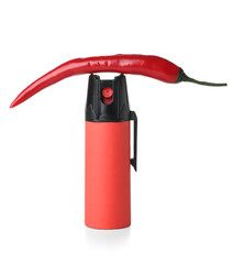 Spray with chili pepper on white background