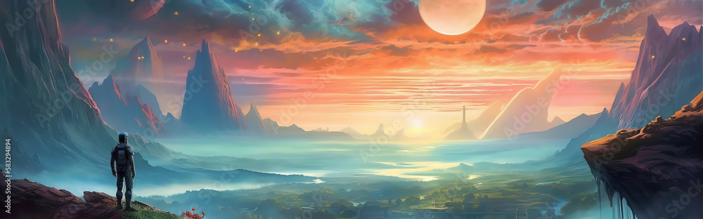 Wall mural a wide header sized fantasy landscape with bright colors. generative ai.