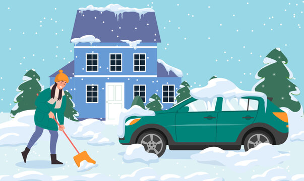 Clear Car Of Snow Concept. Woman With Shovel Under Snowfall Near Green Vehicle. Symbol Of Winter Season, Holidays And Festivals. Poster Or Banner For Website. Cartoon Flat Vector Illustration