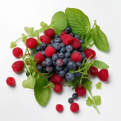 Healthy food salad of blueberries, raspberries and greens isloated on a white background