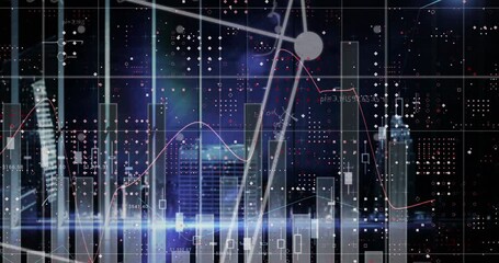 Animation of financial data processing and mathematical equations over cityscape - Powered by Adobe