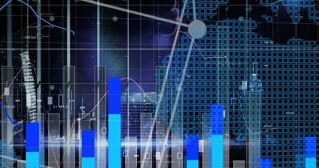 Animation of financial data processing and mathematical equations over cityscape - Powered by Adobe