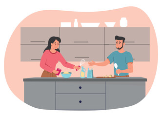 Cooking in two concept. Man with spoon and woman with mixer in kitchen. Preparation of tasty food and bakery products, homemade. Couple together prepare breakfast. Cartoon flat vector illustration