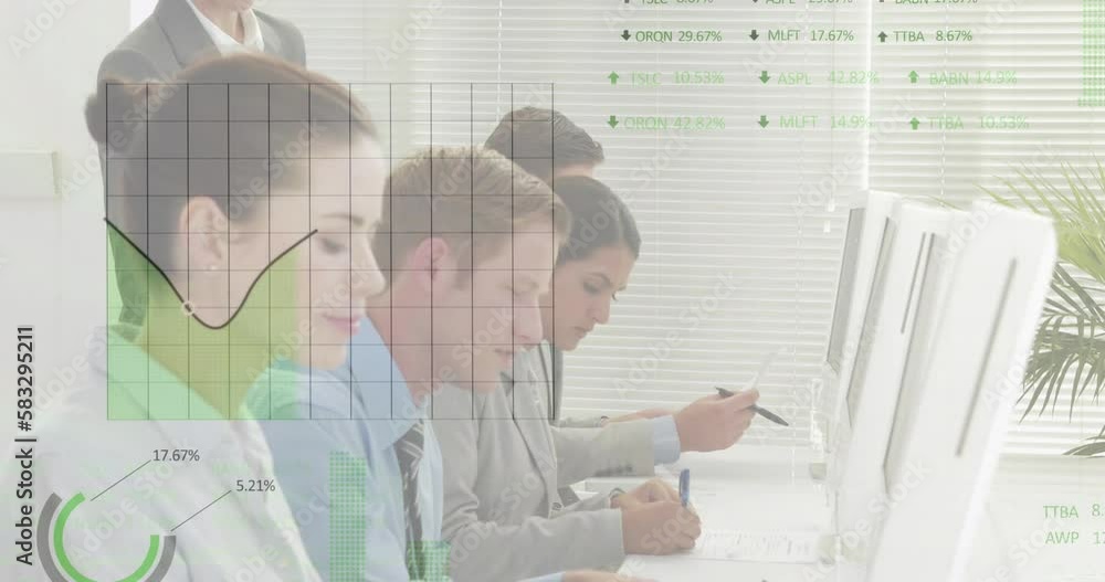 Poster animation of financial data processing over diverse business people using computer at office