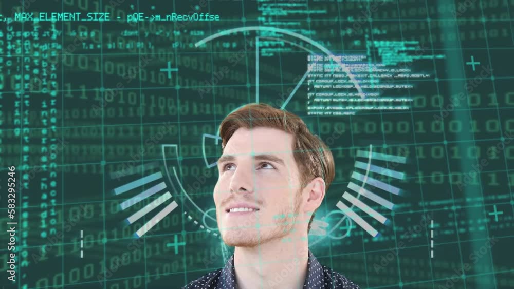 Poster animation of data processing with scope scanning over caucasian businessman on black background