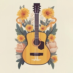 Country music festival poster with acoustic guitar and flowers