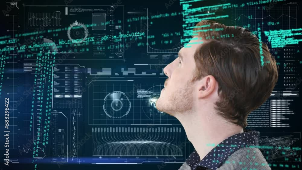 Poster animation of data processing over caucasian businessman on black background