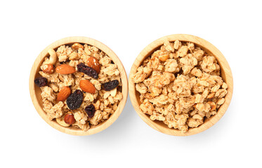 Bowls of tasty granola on white background