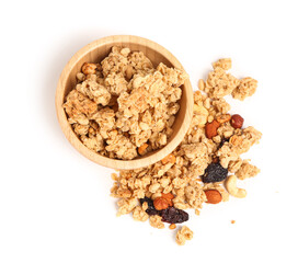Bowl of tasty granola on white background