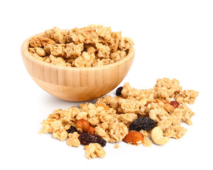 Bowl of tasty granola on white background