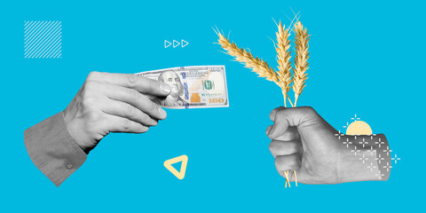 Grain deal, global food security, payment for grain, harvest concept. A hand with US dollars in...