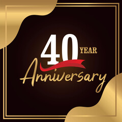 40th years anniversary celebration logo vector design with gold color geometric shape with red ribbon and white numbers font on brown background  