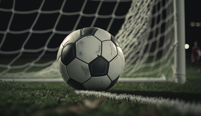 soccer ball on green grass near goal,  in the lights of spotlight  