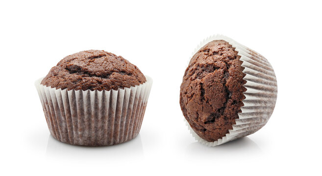 Chocolate cup cake or muffin isolated on white background close-up      