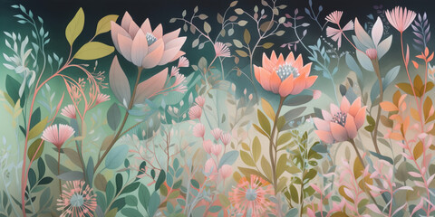 Fototapeta premium Flower background pattern, pastel painting, generative AI