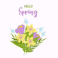 A beautiful bouquet of colorful spring flowers. Design of a postcard, banner, poster, invitation. Vector illustration.