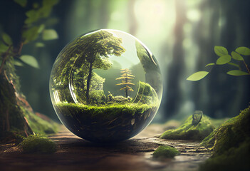Green forest and the beauty of nature - a globe glass concept - Generative Ai