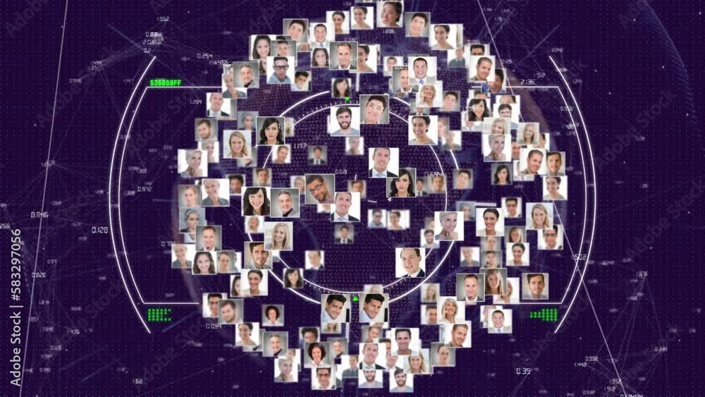 Poster animation of data processing and scope scanning over globe and diverse business people icons